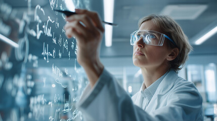 Female scientist writing equations on transparent screen representing research and innovation.
