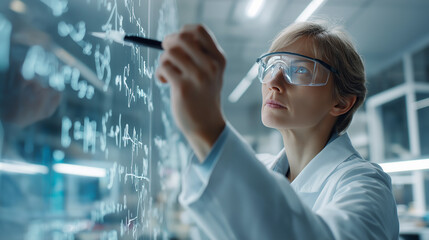 Female scientist writing equations on transparent screen representing research and innovation.
