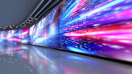 Wall of digital screens displaying data streams symbolizing media, technology, and information flow.
