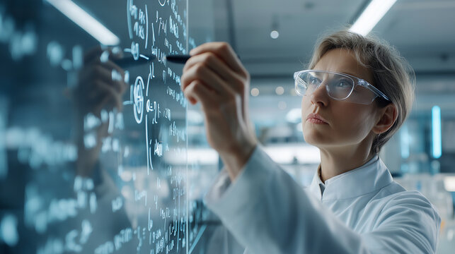 Female scientist writing equations on transparent screen representing research and innovation.
 - Powered by Adobe