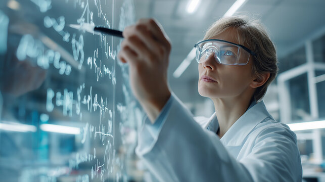 Female scientist writing equations on transparent screen representing research and innovation.
- Powered by Adobe