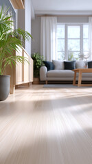 Fototapeta premium Bright modern living room interior with wooden floor, sofa, plants, and natural daylight creating cozy home atmosphere. 