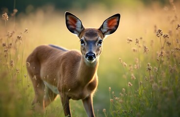 Fototapeta premium Young european roe deer stands in tall grass meadow during sunny summer day. Cute fawn looks ahead alertly with large ears. Wild mammal grazes peacefully in nature habitat.