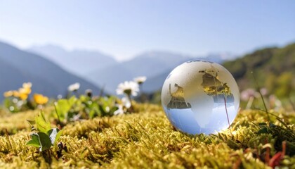 Crystal globe nestled in moss with mountain backdrop symbolizing environmental awareness.