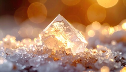 Crystal pyramid surrounded by sparkling granules with bokeh background.