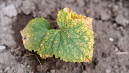 Cucumber leaf showing signs of nutrient deficiency or disease in garden soil.