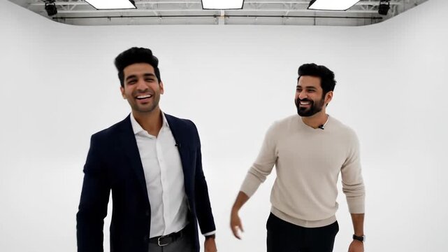 Two smiling Indian men in casual and formal attire stand side by side in a studio, exuding confidence and warmth