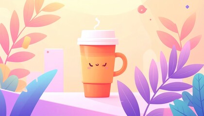 Cute Cartoon Coffee Cup with Floral Background Illustration.