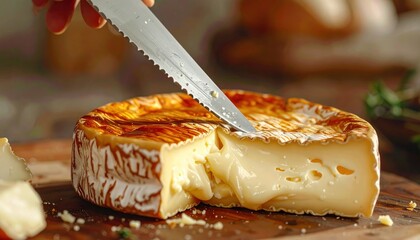 Cutting into a creamy baked cheese with a knife.