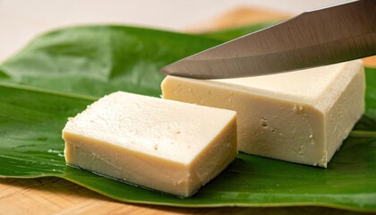 Cutting Tofu on Banana Leaf - A Fresh and Healthy Food Preparation.
