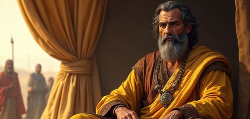 Obraz premium Old bearded man King Saul sits in a tent wearing yellow robes. People stand in background. Biblical scene features ancient Israelite leader. He wears ornate jewelry. He looks wise.