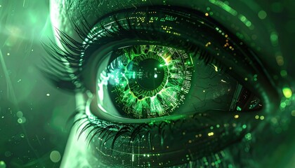 Cybernetic Eye: Emerald Circuitry Gaze with Futuristic Technology and Artificial Intelligence