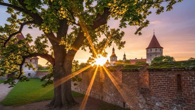 A majestic tree stands tall beside an ancient castle as the sun sets behind the towers. The tree and castle create a harmonious scene, highlighting the beauty of historical architecture.
