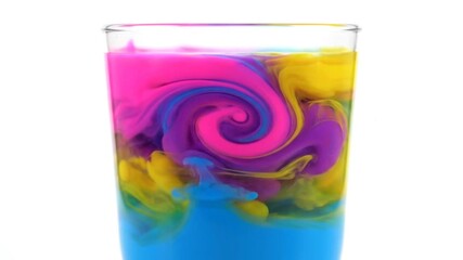 Colorful liquids mixing in a clear glass against a white backdrop