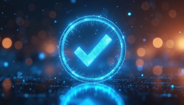 Glowing blue checkmark inside futuristic digital circle. Symbolizes approval confirmation success. Virtual reality data interface with abstract bokeh lights and particles.