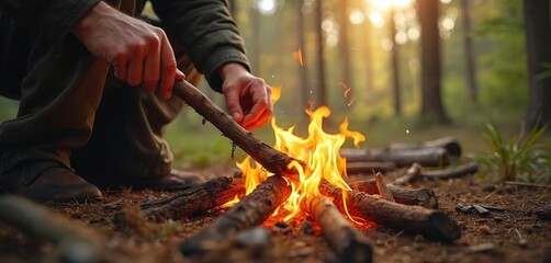 Man starts fire in forest using stick friction method. Hands build small campfire with dry wood logs. Survivalist demonstrates primitive tool skill with orange flames and smoke.