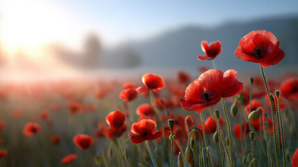 Obraz premium Red poppy flowers blooming in a field with soft morning sunlight. 
