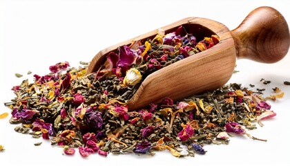 dried herbal tea leaves with wooden scoop for healthy brewing and organic wellness