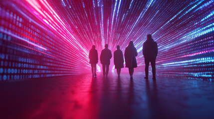 Silhouettes of people walking through futuristic data corridor symbolizing digital transformation.
