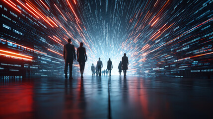 Silhouettes of people walking through futuristic data corridor symbolizing digital transformation.

