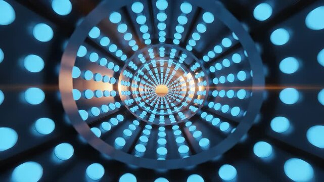 A vibrant tunnel of blue dots leads to a bright center, creating an intriguing visual effect. The blue dots and tunnel structure invite exploration and curiosity about the scene.
