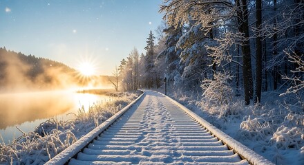 Snowy wooden boardwalk beside misty lake at sunrise with sun rays winter path