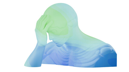 3d man holding head, symbolising headache and migraine, stress and anxiety, medical illustration