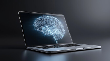 Digital brain emerging from laptop symbolizing artificial intelligence and advanced computing.
