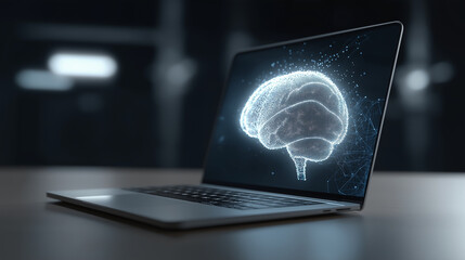Digital brain emerging from laptop symbolizing artificial intelligence and advanced computing.