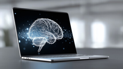 Laptop displaying digital brain illustration symbolizing artificial intelligence technology.
