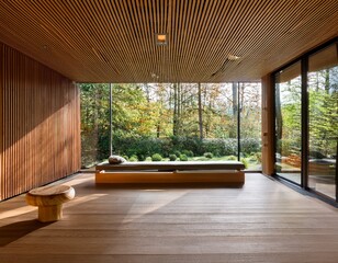 serene spa interior featuring minimalist design with wooden walls comfortable bench and lush greenery visible through large windows