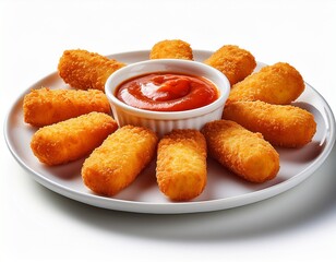 golden fried mozzarella sticks with marinara dip on white plate isolated on white background
