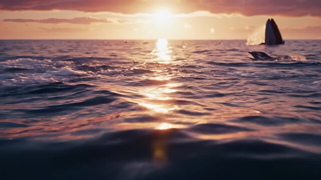 A dolphin leaps gracefully from the shimmering water as the sun sets on the horizon, creating a serene atmosphere. The dolphin and sunset combine to enrich the captivating ocean scene.