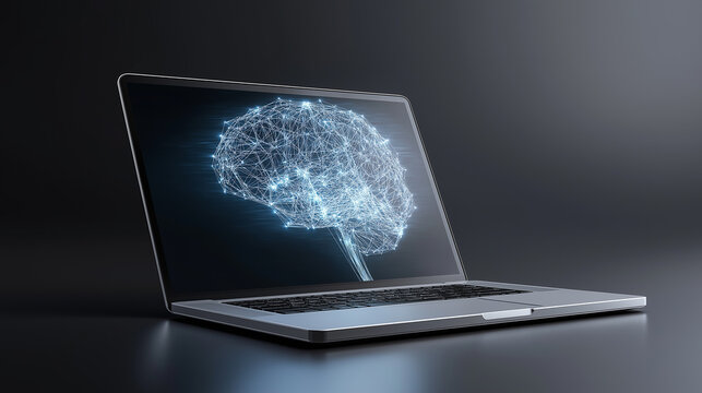 Digital brain emerging from laptop symbolizing artificial intelligence and advanced computing.
- Powered by Adobe