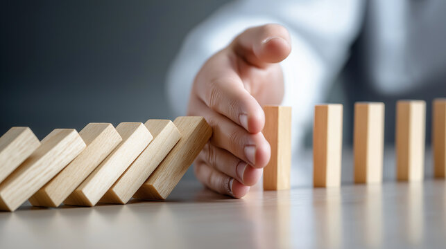 Human hand stopping falling wooden blocks representing risk management and control.
