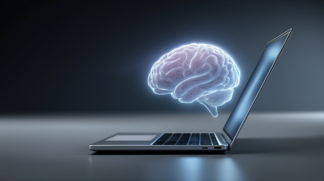 Digital brain emerging from laptop symbolizing artificial intelligence and advanced computing.
- Powered by Adobe