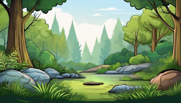 serene forest scene featuring lush greenery trees and rocks creating peaceful atmosphere in nature - Powered by Adobe
