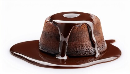 single chocolate lava cake with slight cracked top and melted center isolated on white background