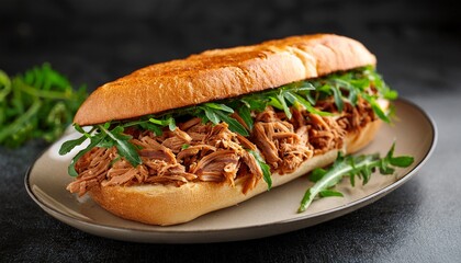 mouthwatering pulled pork sandwich with fresh arugula and tangy sauce served on toasted baguette perfect for delicious meal