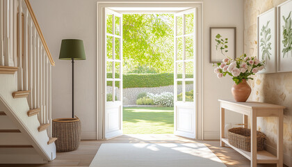 Fototapeta premium Open doors lead from house interior to green garden area. Inside hall is staircase and vase with flowers