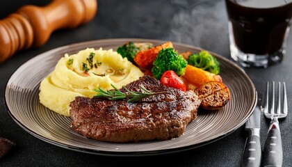 delicious gourmet meal featuring grilled steak creamy mashed potatoes roasted vegetables and glass of dark beverage evoking sense