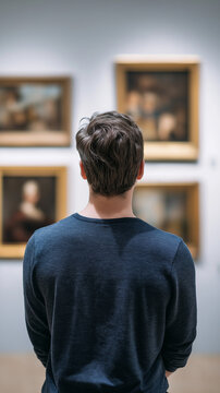 Man observing framed artworks in a gallery representing art appreciation and culture.

