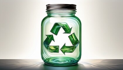 transparent glass jar with recycling arrows distorted design isolated on a white background