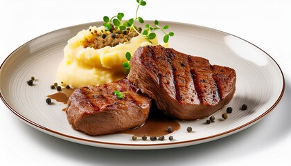 grilled steak medallions with truffle mash and peppercorn drizzle isolated on white background