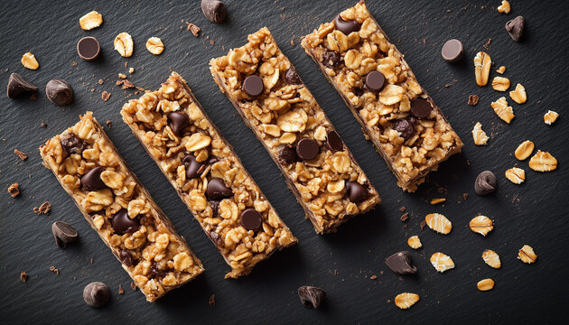 Several homemade chocolate chip granola bars on dark surface. Dessert bars with chips. Sweet tasty snack perfect for breakfast