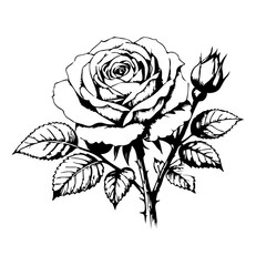Black and White Rose Illustration with Bud, Leaves and Stem