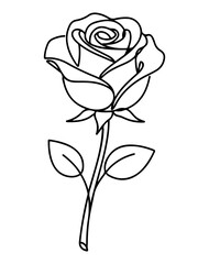 Black and White Rose Line Drawing with Stem and Two Leaves
