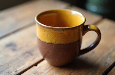 Handmade ceramic mug with two color glaze rests on rustic wooden table. Object shot with shallow depth of field in natural light. Perfect for cafe, kitchen, or beverage themes.