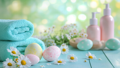 Fototapeta premium Pastel Easter eggs and spa bath products with rolled towels and daisy flowers. Soft green blurred background suggests nature and