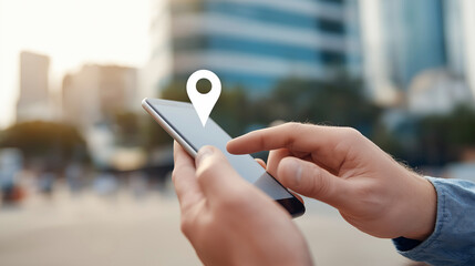 Person using smartphone with navigation pin on city street symbolizing location tracking and mobile technology.
